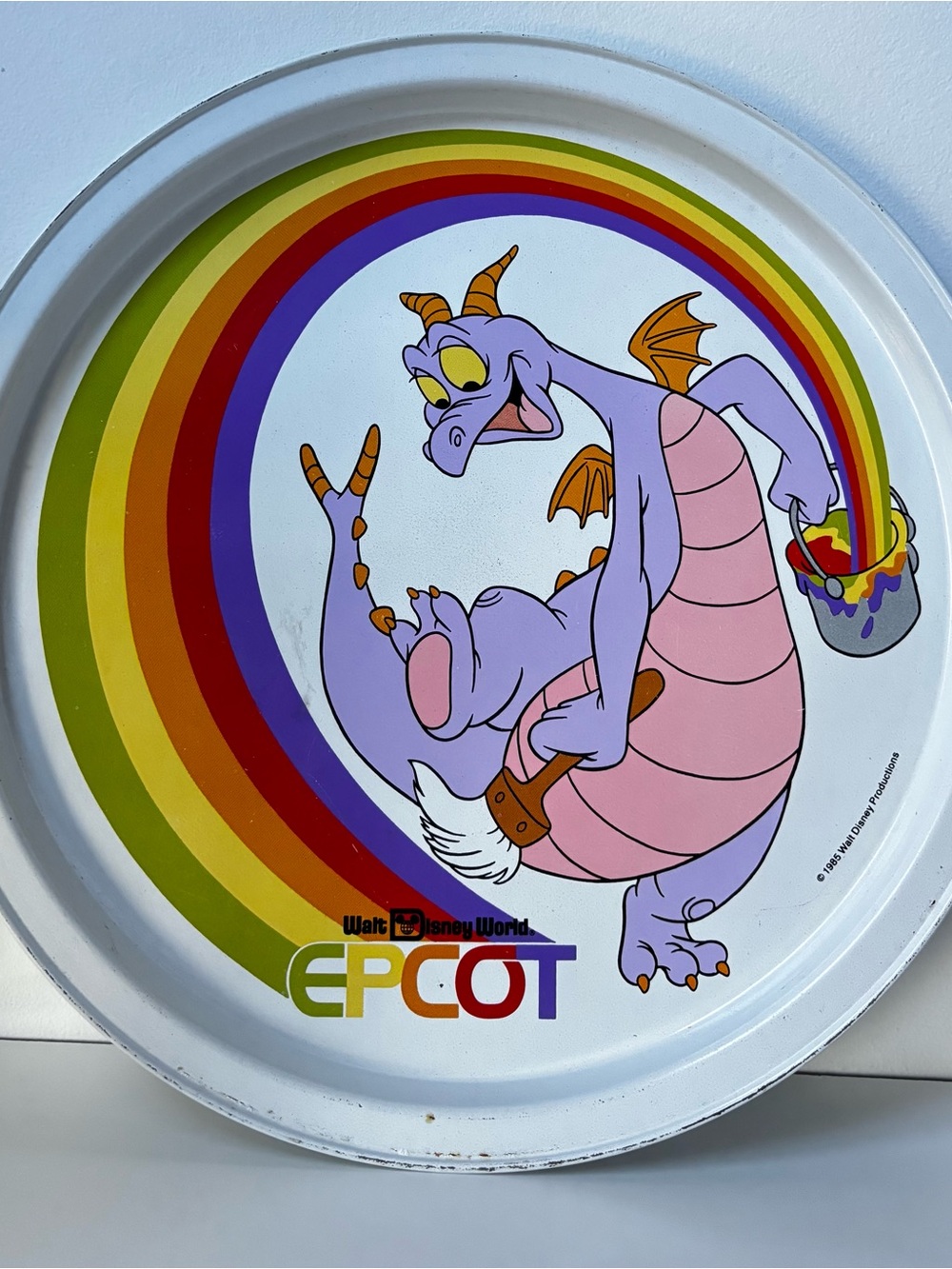 Vtg 1985 Walt Disney World EPCOT Figment Painting Rainbow 10.5" Round Metal Tray